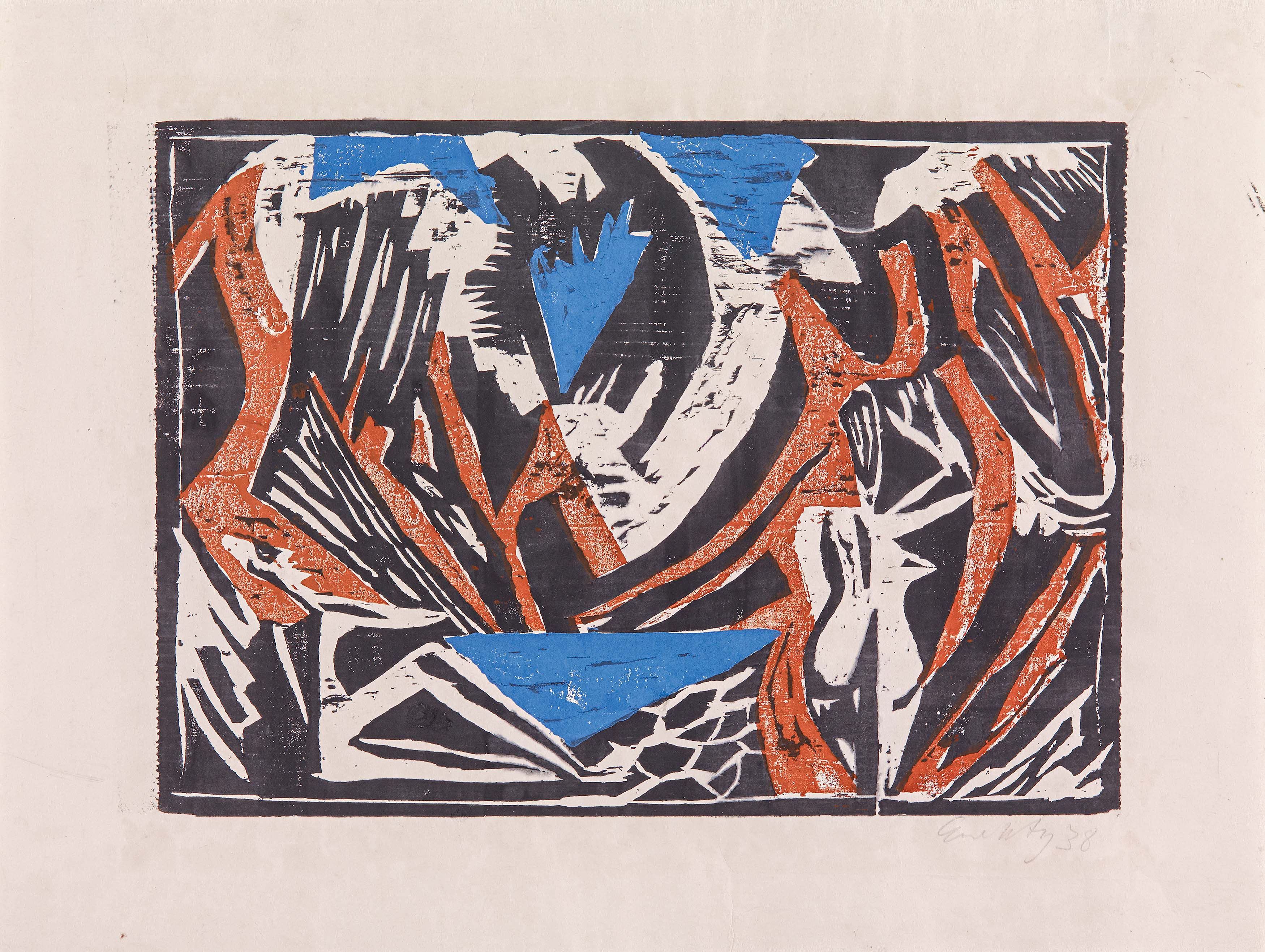 Ernst Wilhelm Nay, Zwei Badende am Bergsee, 1938, Farbholzschnitt auf Japan, 48 x 64 cm, Hegenbarth Sammlung Berlin © VG Bild Kunst, Bonn 2024